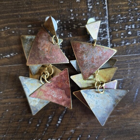 Vintage Lot of 2 Pairs Geometric Earrings Wood Metal Boho Festival Dangle MCM - Picture 2 of 8